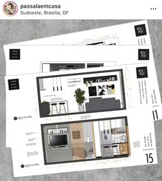 two plans for a small apartment with living room, kitchen and dining area are shown