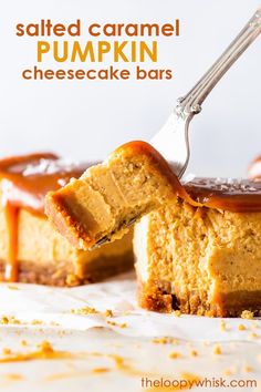 a piece of caramel pumpkin cheesecake bars being lifted with a fork from the top