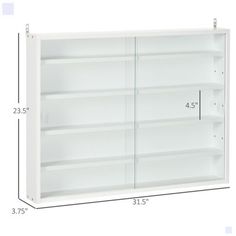 a white bookcase with three shelves and measurements