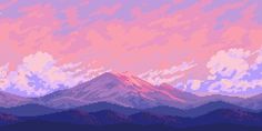 the mountains are covered in pink and purple clouds, as well as some blue trees