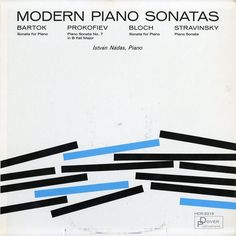 the cover of modern piano sonates, featuring blue and black strips on white paper