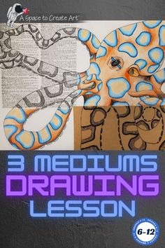 an octopus is shown with the words, 3 mediums drawing lesson on it's side