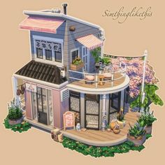 an image of a doll house with balcony and patio in the front yard, on top of a wooden deck