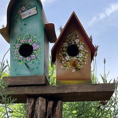 two bird houses are sitting on top of a tree