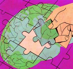 two hands holding puzzle pieces over a green and pink background with the same piece missing