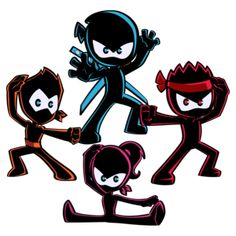 four cartoon characters in black and red with one holding the other's arm out