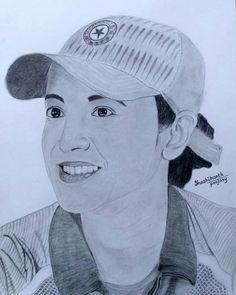 a pencil drawing of a man wearing a hat and looking at the camera with a smile on his face