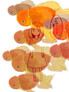 a drawing of a girl surrounded by oranges and fish with chinese writing on them