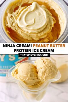 two pictures of peanut butter and ice cream in plastic containers with text overlay that says,