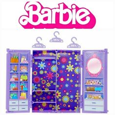 an advertisement for barbie's wardrobe with flowers on the door and shelves full of toys