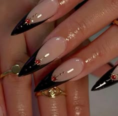 Nails For Hairstylist, Dark Feminine Aesthetic Nails, Stiletto Aura Nails, Halloween Nail Designs Almond, Red Gold And Black Nails, Black Nail Designs Trending Now, Hourglass Nails, Pretty Almond Nails Classy, Persephone Nails