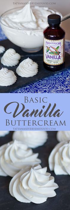 vanilla buttercream in a bowl with the words basic vanilla buttercream