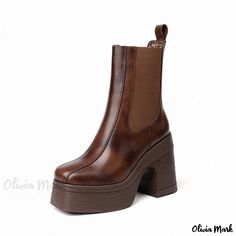 Olivia Mark - Classic Leather Waterproof Platform Chunky Heel Square Toe Casual Ankle Boots Chic High Heels, Rough Heels, Casual Ankle Boots, Square Head, Super High Heels, Platform Heels Chunky, Brown Velvet, Hacks Clothes, Brown Ankle Boots