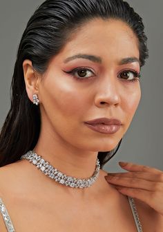 Faux Diamond Choker Set Zevar by Geeta - Fabilicious Fashion Choker Diamond Set, Heavy Silver Choker Jewelry Sets, Traditional Diamond Choker, Traditional Diamond Choker For Festive Occasions, Silver Bollywood Choker Necklace, Indian Theme, Diamond Choker Necklace, Indian Wedding Wear, Diamond Choker