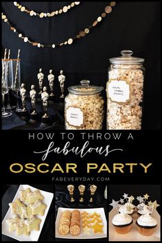 an oscar party with popcorn, cookies and desserts