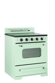 a blue stove with two burners and one oven door is shown in front of a white background