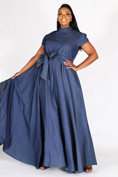 Denim Cap Sleeve Dress 1 piece Maxi Dress with waist tie Colors: Denim Sizes: S (4/6), M (8/10), L (12/14), 1X (16/18), 2X (20/22), 3X (24/26) Jeans Gown Styles For Women, Long Denim Dress Outfit, Demin Dress Outfit, Denim Wedding Dresses, Jeans Gown, Maxi Denim Dress, Grown Style, Blue Plus Size Dresses, Denim Dress Outfit