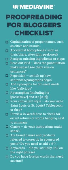 a blue poster with the words n medavine proofreading for bloggers checklist