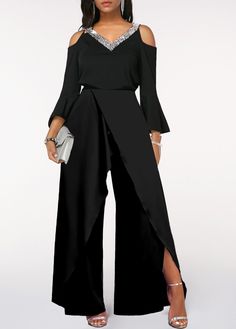 Black Sequin Long Sleeve V Neck Jumpsuit | modlily.com - USD 36.98 Colour Names List, High Waist Jumpsuit, V Neck Jumpsuit, Jumpsuit With Sleeves, Ruffled Sleeves, Type Of Pants, Wide Leg Jumpsuit, Black Sequins, Flared Sleeves