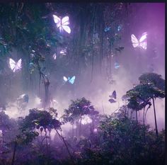 butterflies flying in the air above trees and bushes on a foggy day with purple light