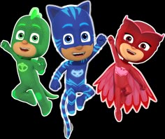 three children's cartoon characters are dressed in their favorite costumes, including the catboy and the green lantern