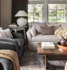 a living room with two couches and a coffee table in front of the window