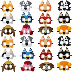 several masks with different types of animals on them, all in different colors and shapes