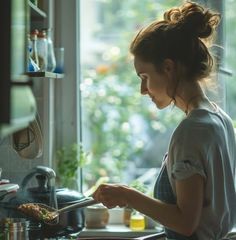 a woman is cooking in the kitchen and looking out the window