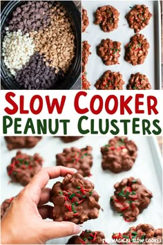 a collage of pictures showing how to make slow cooker peanut clusters with chocolate and sprinkles