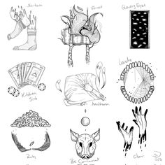 some drawings that have been drawn in black and white, with different things on them