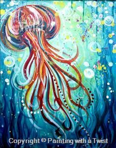 Jellyfish Seahorse Painting, Painting With A Twist, Tattoo Watercolor, Underwater Painting, Paint Nite, Painting Tattoo, Painting Party