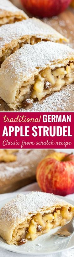 an apple strudel is cut in half on a white plate with powdered sugar