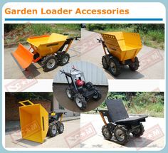 four different types of small tractors with the words garden loader accessories written below them