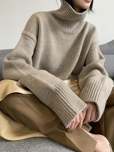 Simple Loose Solid Color High-Neck Sweater Chic Streetwear, Casual Turtleneck, Lazy Style, Sweater Tops, Cashmere Sweater Women, High Neck Sweater, High Neck Long Sleeve, Oversized Pullover, Loose Sweater