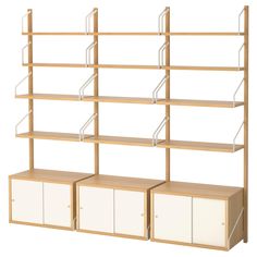 a wooden shelf with two white drawers and one light wood shelving unit on top