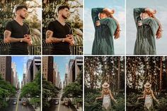 multiple shots of a man and woman in the middle of a city with tall buildings