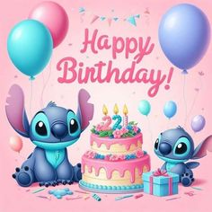 a birthday card with two cartoon characters next to a cake and balloons on a pink background