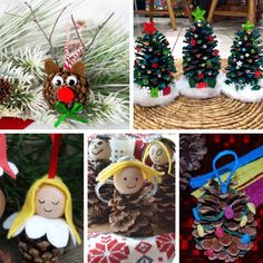 christmas decorations made from pine cones and other items are shown in this series of photos