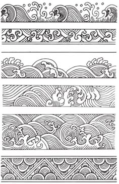 four different lines that have been drawn in black and white, each with an image of waves