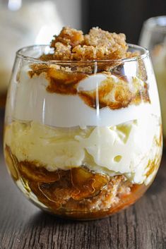 a dessert in a glass on a wooden table