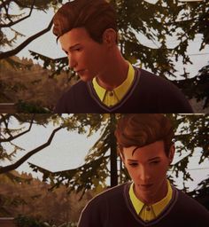 two pictures of a young man with short hair and yellow collared shirt looking at something in the distance