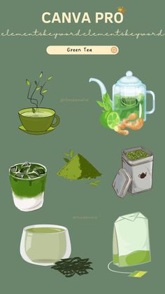 an illustrated poster with green teas and other things to make it look like they have been