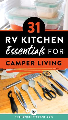 When outfitting your RV for camper living, you might struggle with what RV kitchen accessories you need. The small camper kitchen space means being intentional about what RV kitchen essentials you choose. When making decisions about what to include in your RV kitchen, we'll guide you on what to consider - from RV kitchen appliances to RV cookware. Here's our ultimate guide to the best RV kitchen accessories. Rving Ideas Rv Camping, Rv Kitchen Organization, Must Have Kitchen Appliances, Kitchen Essentials List, Camper Kitchen, Camper Storage, Rv Kitchen, Kitchen Necessities, Camper Living