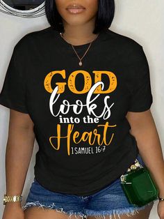 Black Casual Collar Short Sleeve Knitted Fabric Slogan  Embellished Slight Stretch  Women Clothing God Sayings, Ladies T Shirt Design, Christian Illustration, Christian Tee Shirts, Jesus Clothes, Father Son And Holy Spirit, Single Lady, Christian Shirts Designs, God Healing