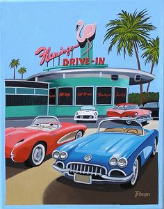 a painting of several classic cars parked in front of a drive - in restaurant with flamingos on the roof