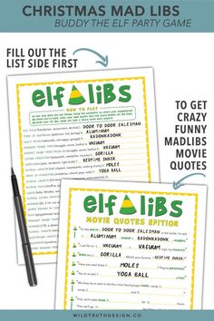 two christmas mad libs with the text elf's movie quiz