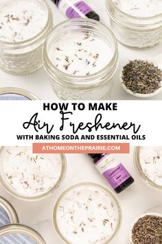 jars filled with lavender and essential oils on top of a white surface, text overlay reads how to make artisane with baking soda and essential oils