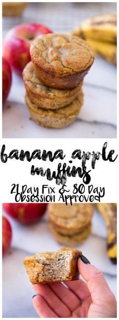 banana apple muffins are stacked on top of each other with the title above it