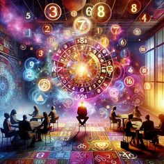 people sitting at tables in front of a large clock with numbers and zodiac signs on it