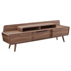 the sideboard is made from wood and has two drawers on each side, one door open